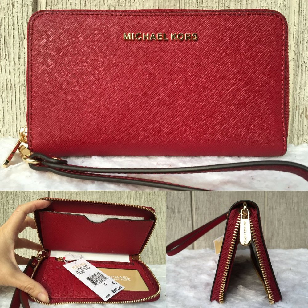 NEW Michael Kors ID Card Multifunction Phonecase Ip8 Plus Wristlet Wallet CHERRY